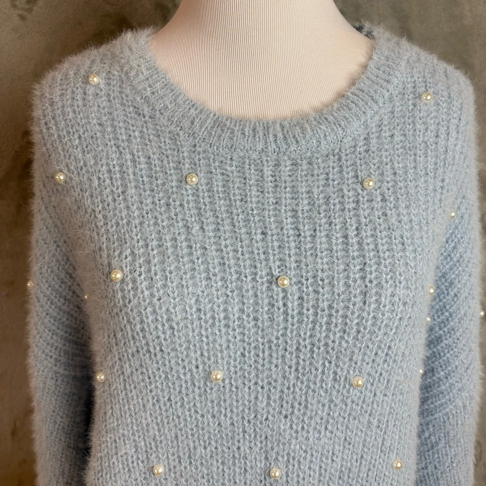 Cinderella Blue Pearl-Embellished Cozy Winter Wmn’s Sweater Sz 1X